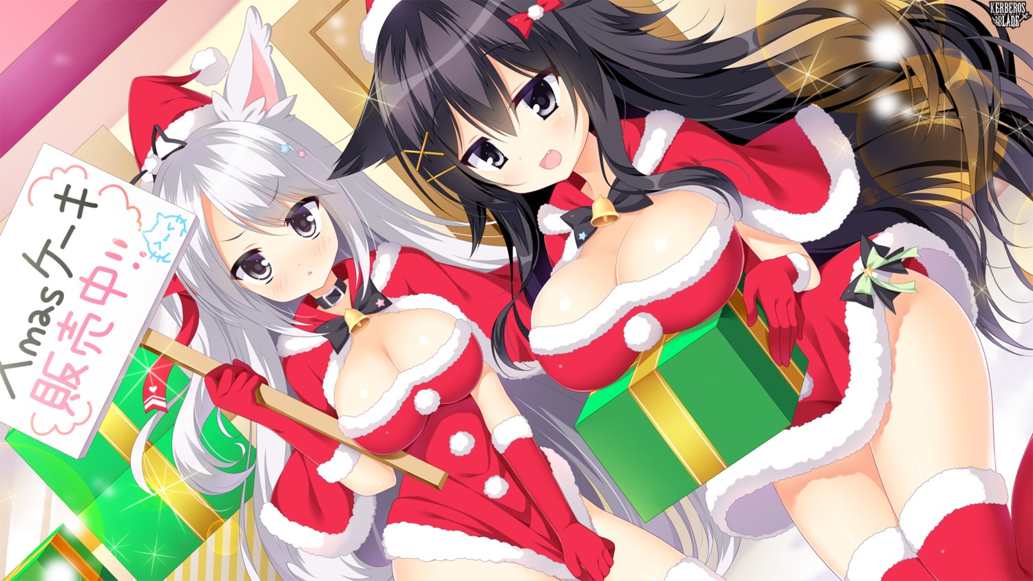 animal_ears, christmas, cleavage, dress, kerberos_blade, thighhighs, wallpaper, yuyumatsu
