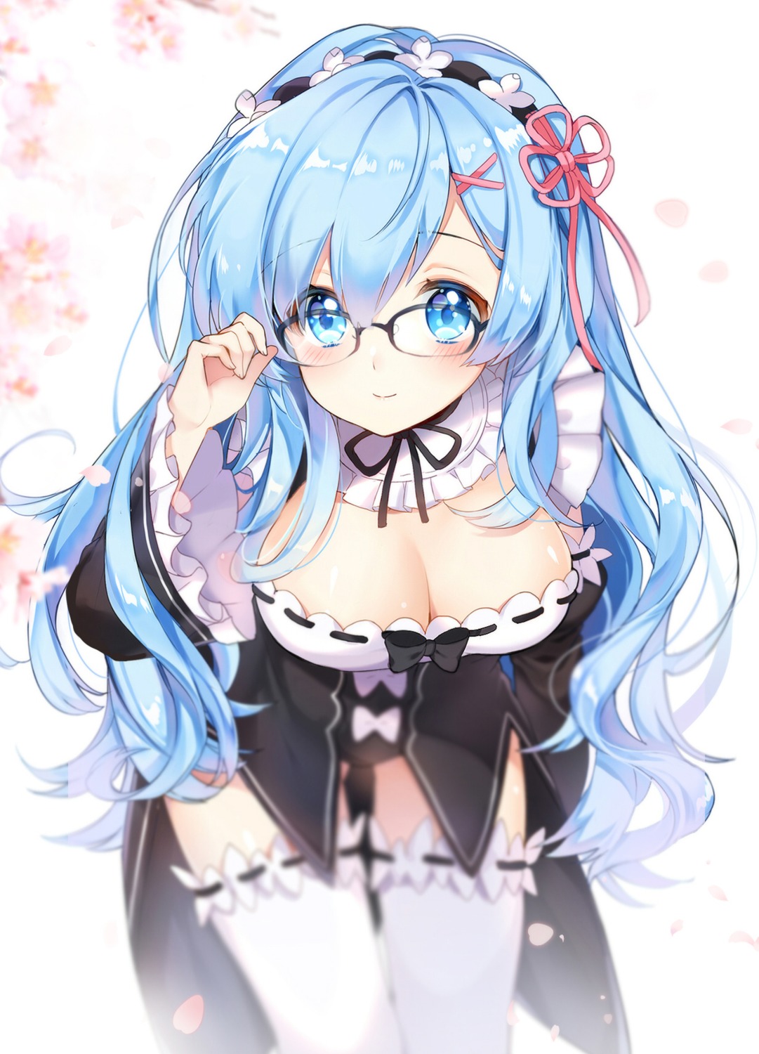 cleavage, maid, megane, pingo, re:zero_kara_hajimeru_isekai_seikatsu, rem_(re_zero), thighhighs