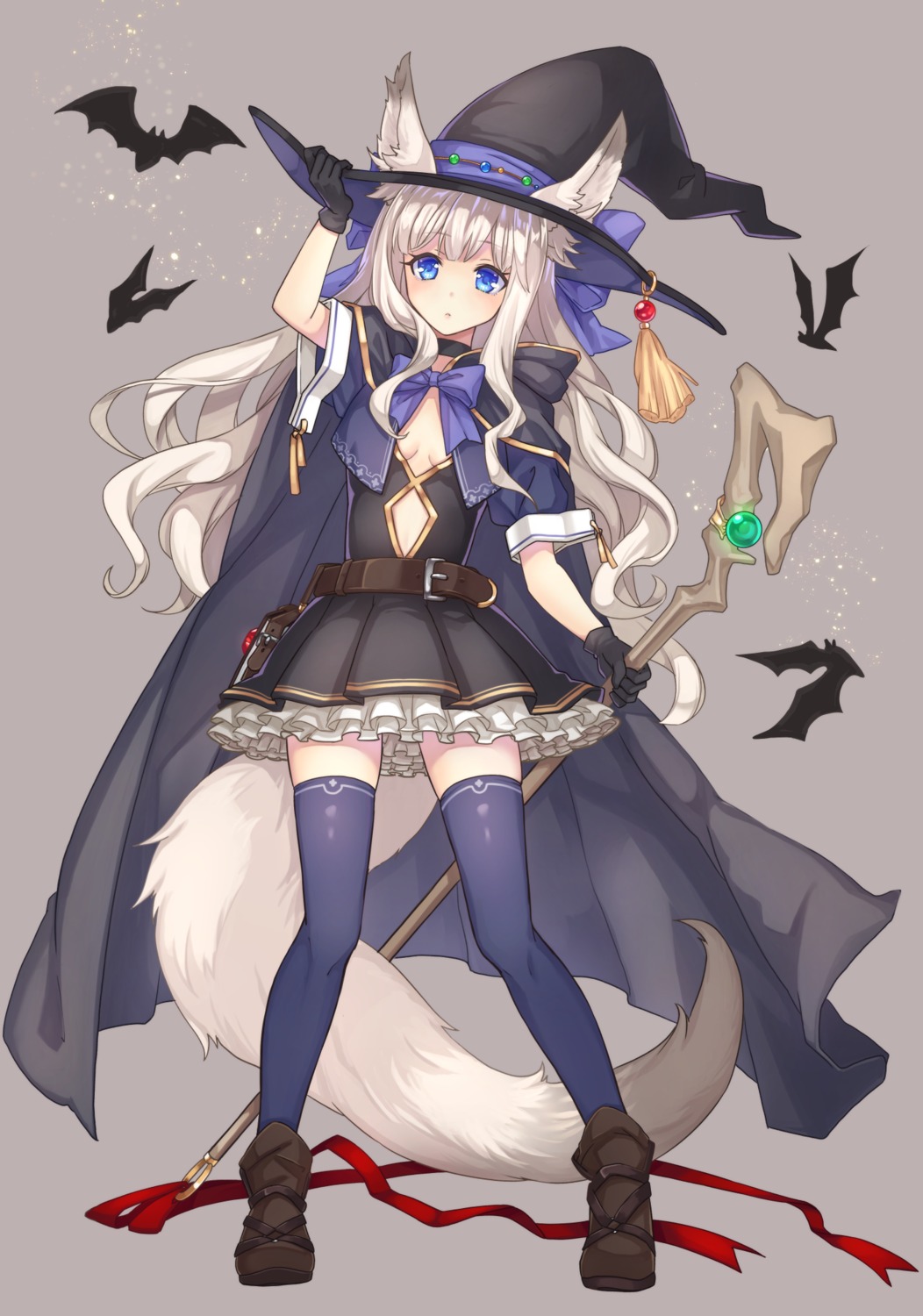 animal_ears, dress, no_bra, riffey, tail, thighhighs, weapon, witch