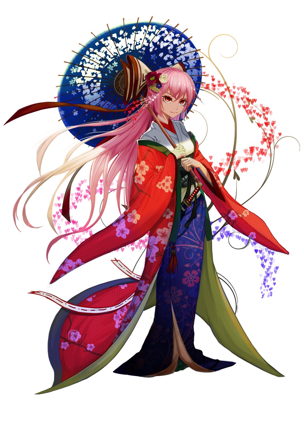 fujiwara_no_mokou, japanese_clothes, recare, sword, touhou, umbrella
