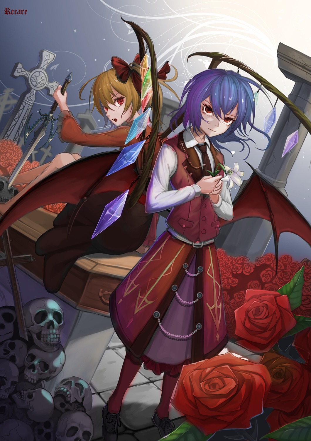 flandre_scarlet, gothic_lolita, lolita_fashion, recare, remilia_scarlet, sword, touhou, wings