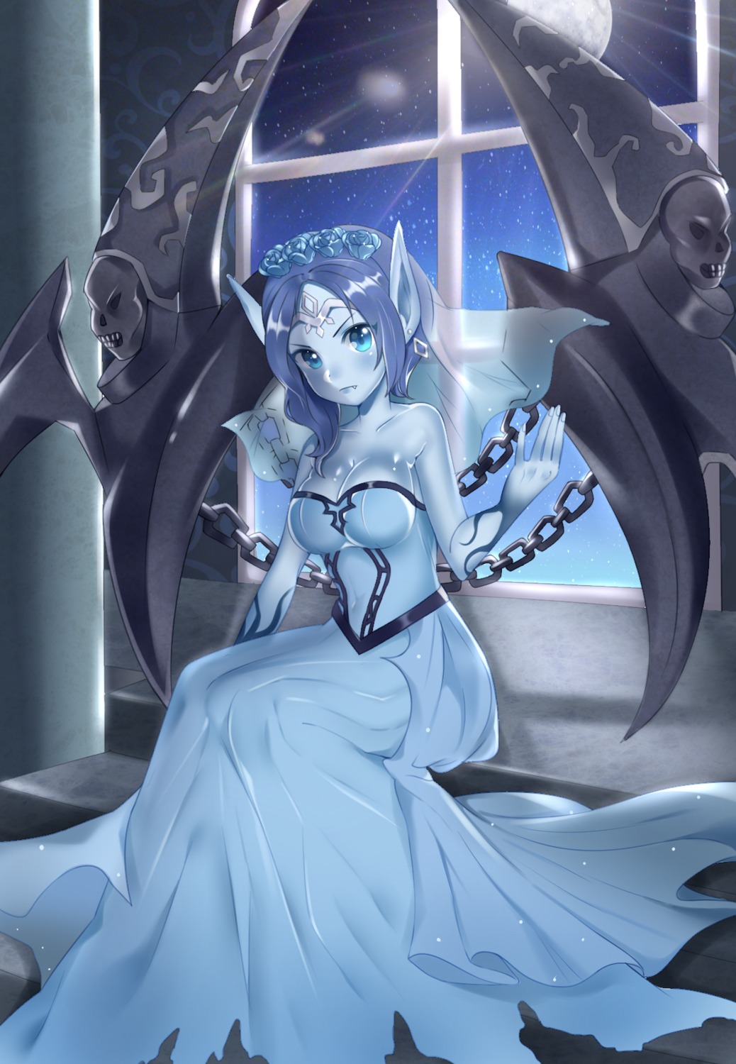 cleavage, dress, league_of_legends, morgana, pointy_ears, tl_astral7536, wings