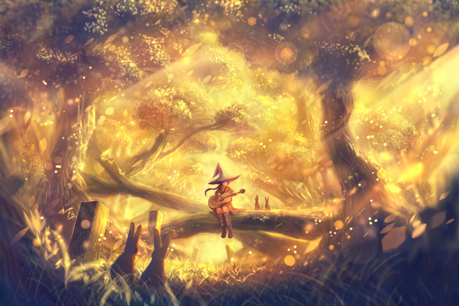 dress, guitar, landscape, sakimori, witch