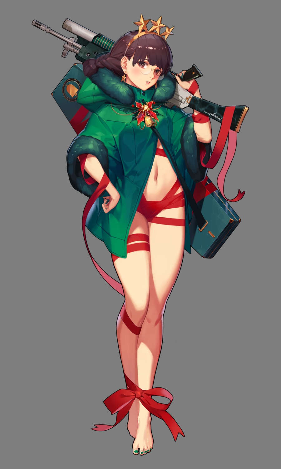 aya_(black_survival), black_survival, christmas, gun, megane, naked_ribbon, one_touch, open_shirt, suzuki_aya, transparent_png