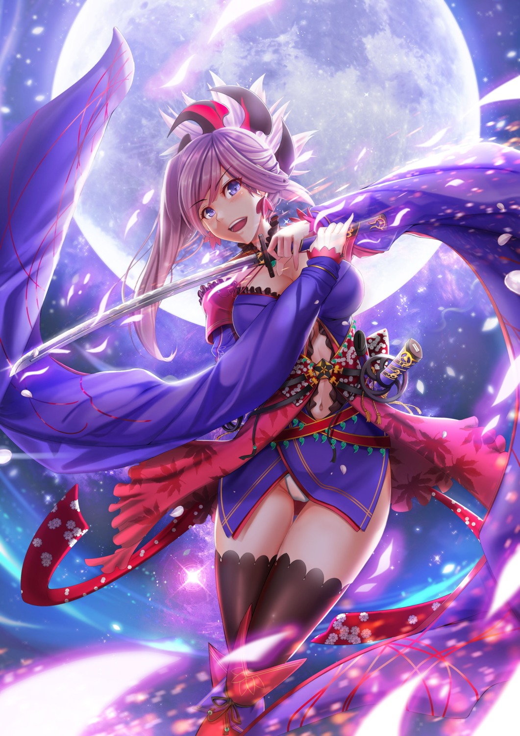 cleavage, fate/grand_order, hasaya, japanese_clothes, miyamoto_musashi_(fate), pantsu, sword, thighhighs