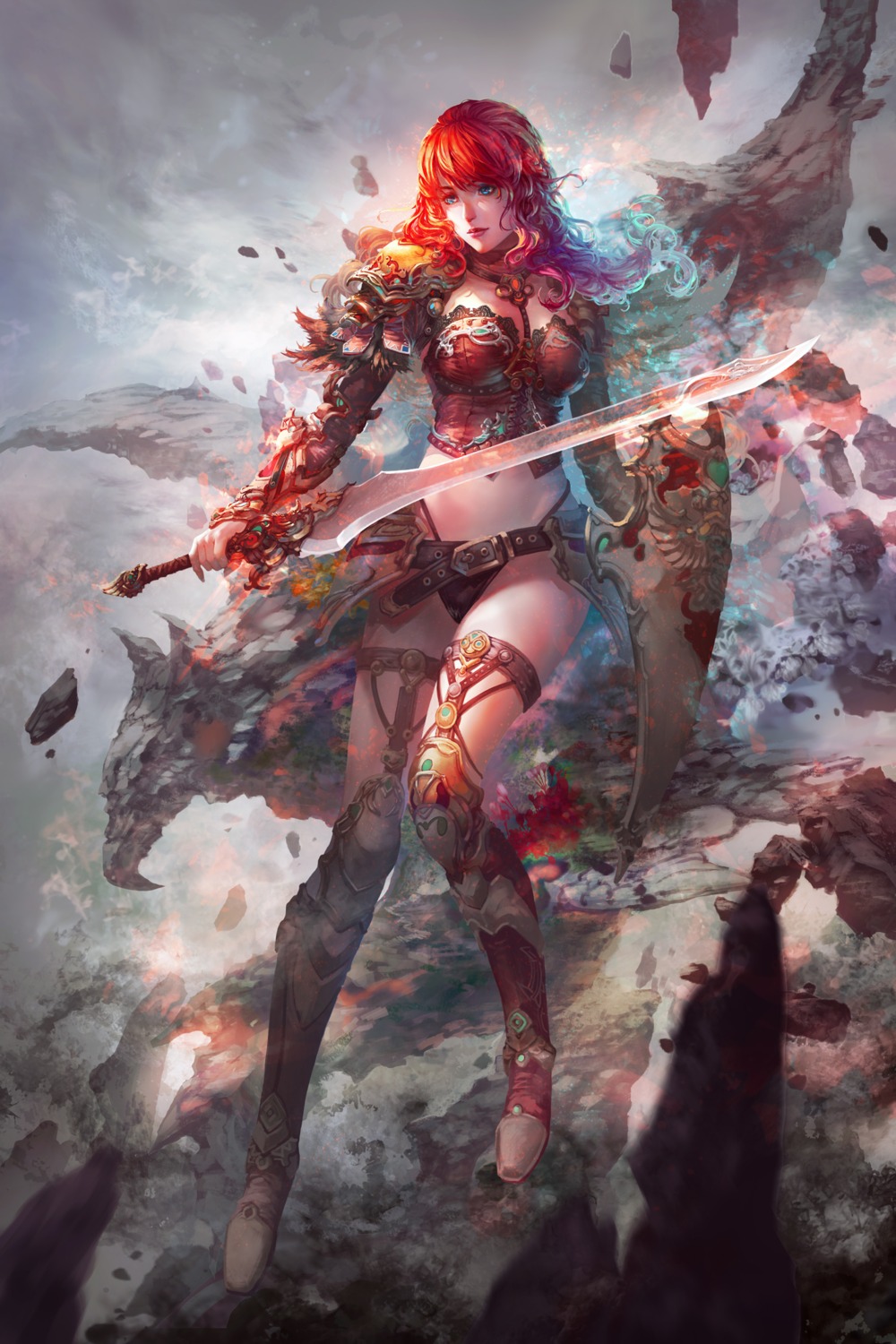 antilous, armor, cleavage, garter, pantsu, sword
