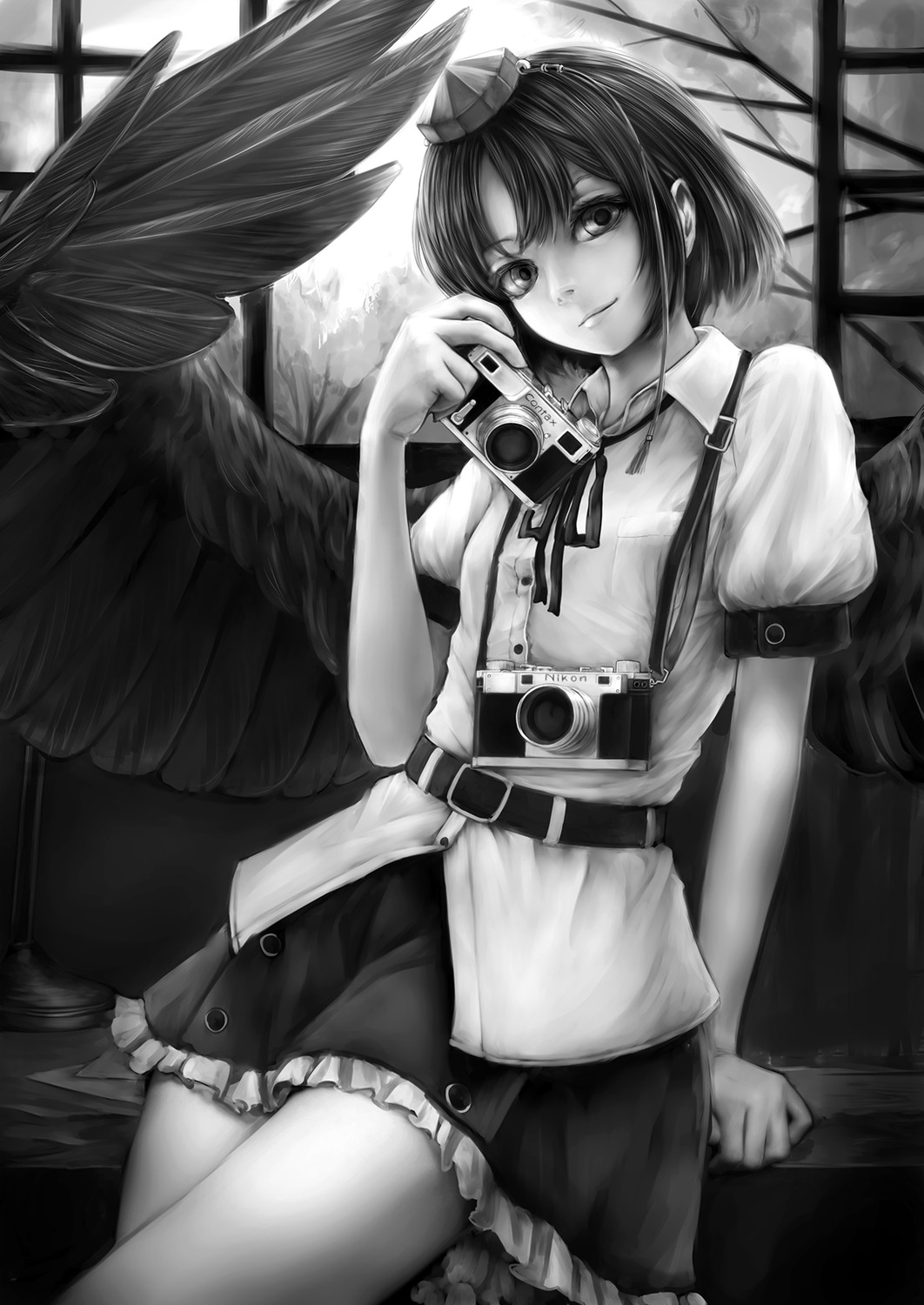 monochrome, nishi_masakazu, shameimaru_aya, touhou, wings
