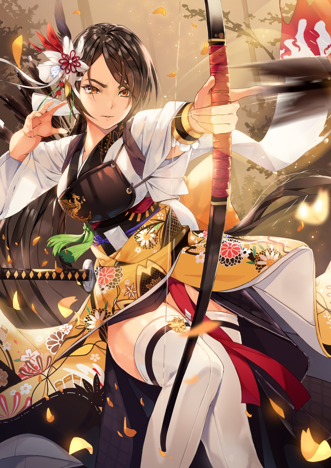honey_yun, japanese_clothes, thighhighs, weapon