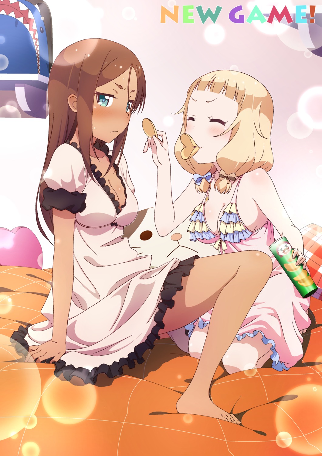 ahagon_umiko, cleavage, dress, feet, makicha, new_game!, sakura_nene