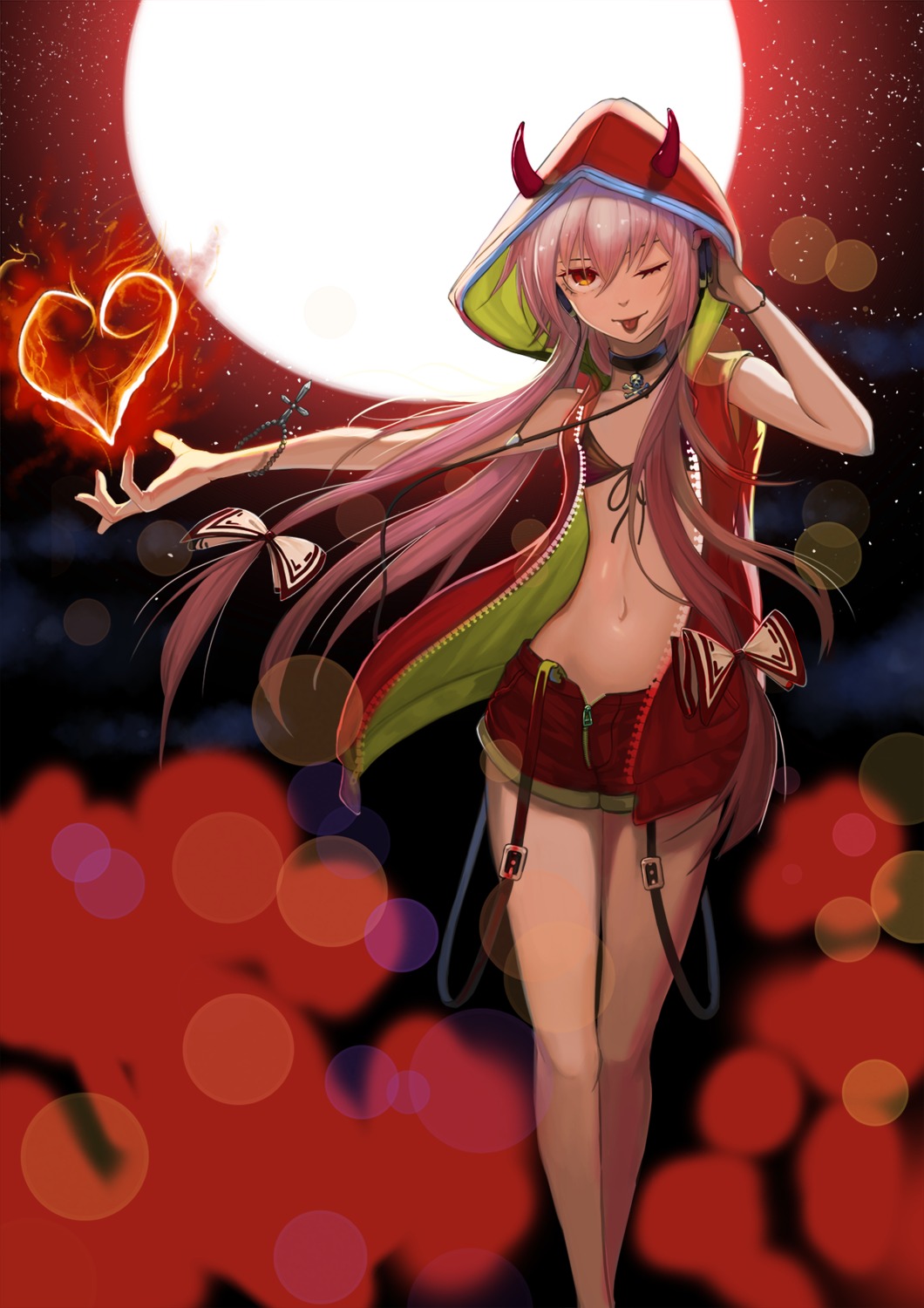 bikini_top, fujiwara_no_mokou, headphones, horns, open_shirt, recare, swimsuits, touhou