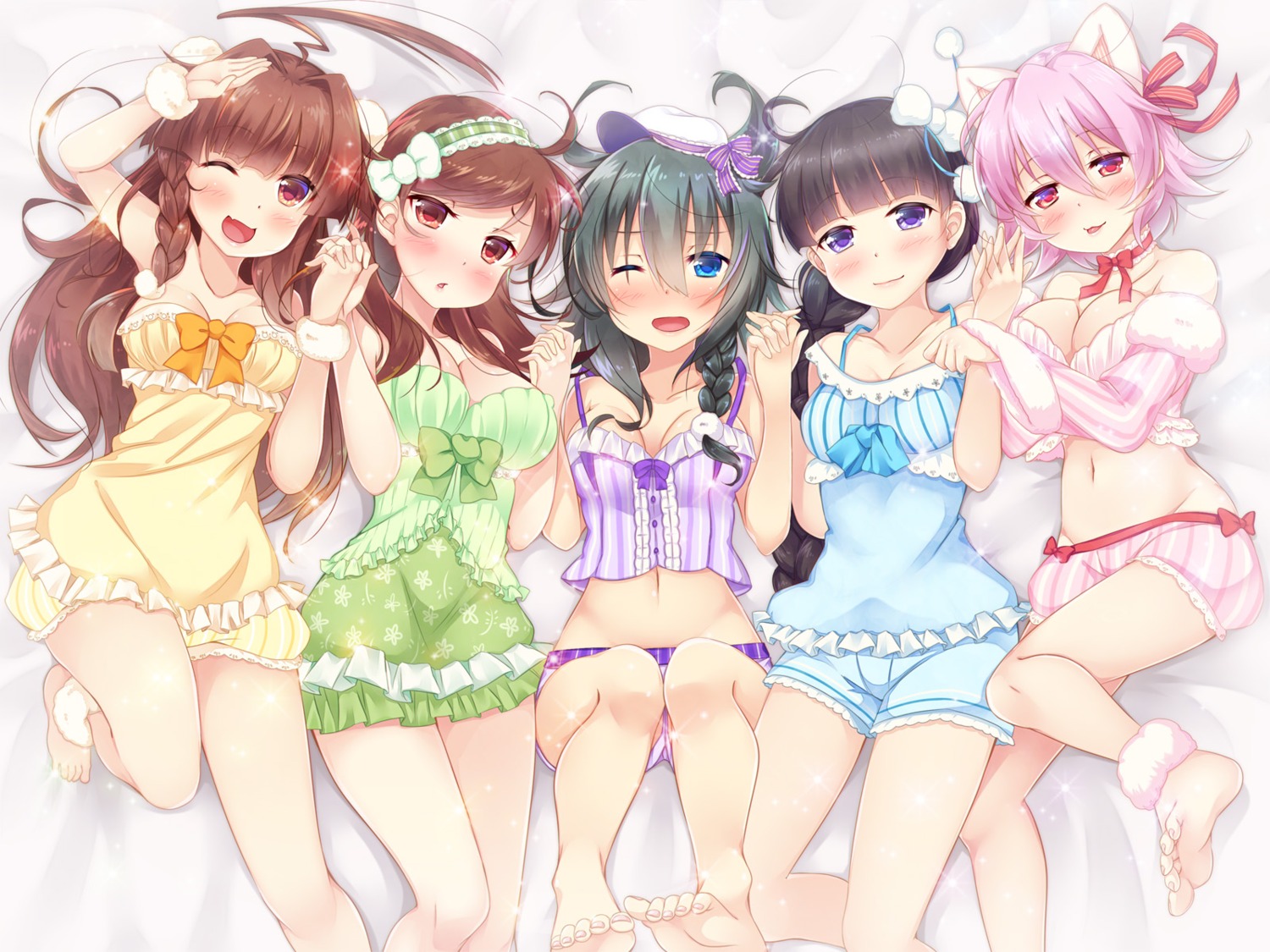 animal_ears, cleavage, feet, kantai_collection, kiso_(kancolle), kitakami_(kancolle), ko_yu, kuma_(kancolle)