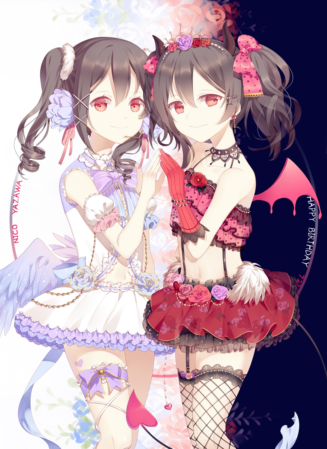 fishnets, garter, headphones, horns, love_live!, love_live!_(series), momoye, see_through, stockings, thighhighs, wings, yazawa_nico