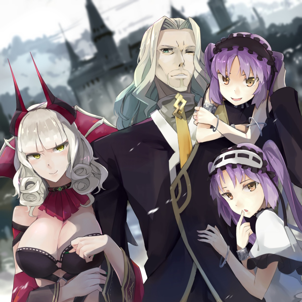 carmilla_(fate/grand_order), cleavage, crossover, dress, euryale, fate/apocrypha, fate/grand_order, fate/hollow_ataraxia, fate/stay_night, horns, hsin, stheno, vlad_iii_(fate)