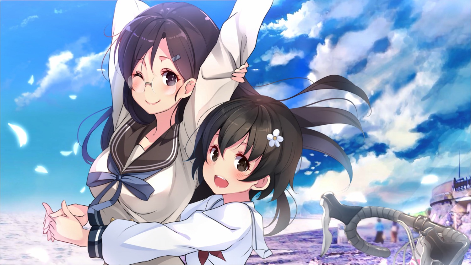 akizuki_tomoe, akizuki_yuika, endcard, kujou_ichiso, megane, minami_kamakura_koukou_joshi_jitenshabu, seifuku, wallpaper