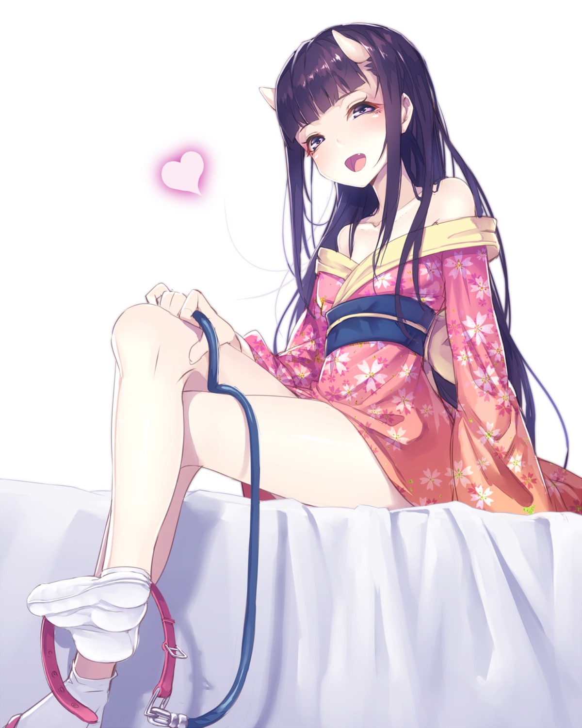 asisuki, feet, horns, japanese_clothes, kimono, open_shirt