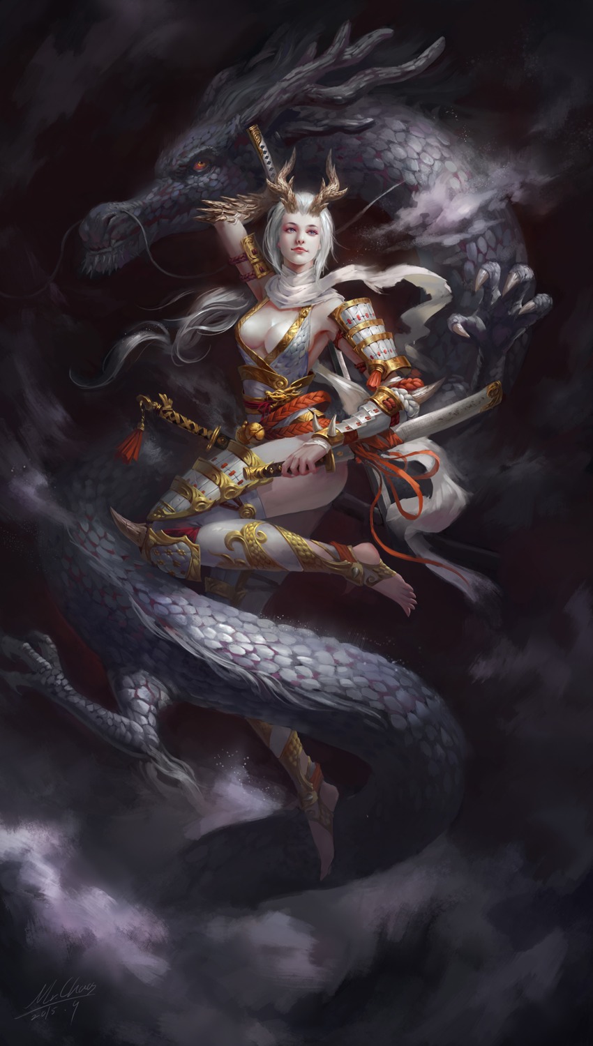 armor, cleavage, horns, monster, no_bra, sword, thighhighs, wenfei_ye