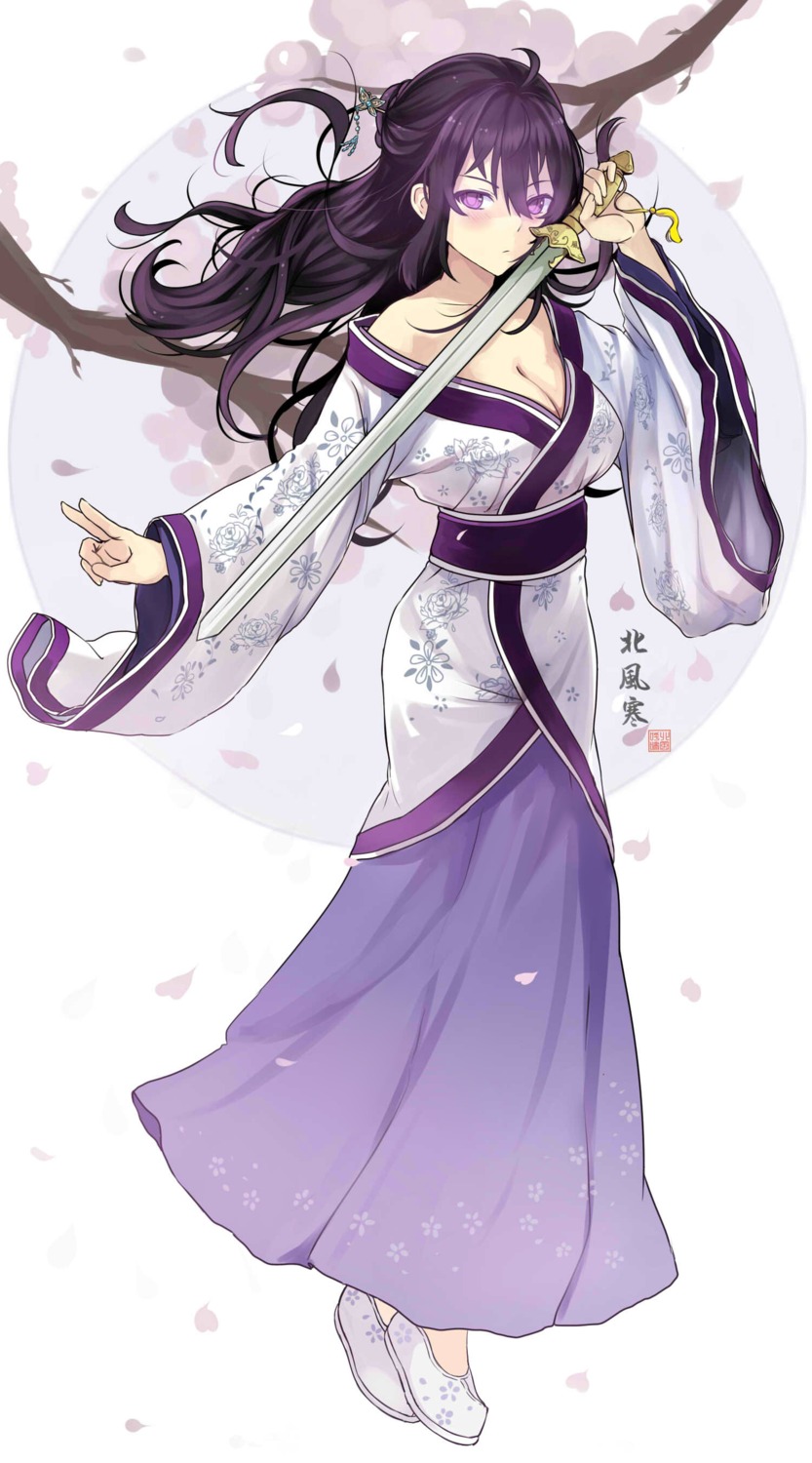 asian_clothes, beifeng_han, cleavage, miyaura_sanshio, open_shirt, sword