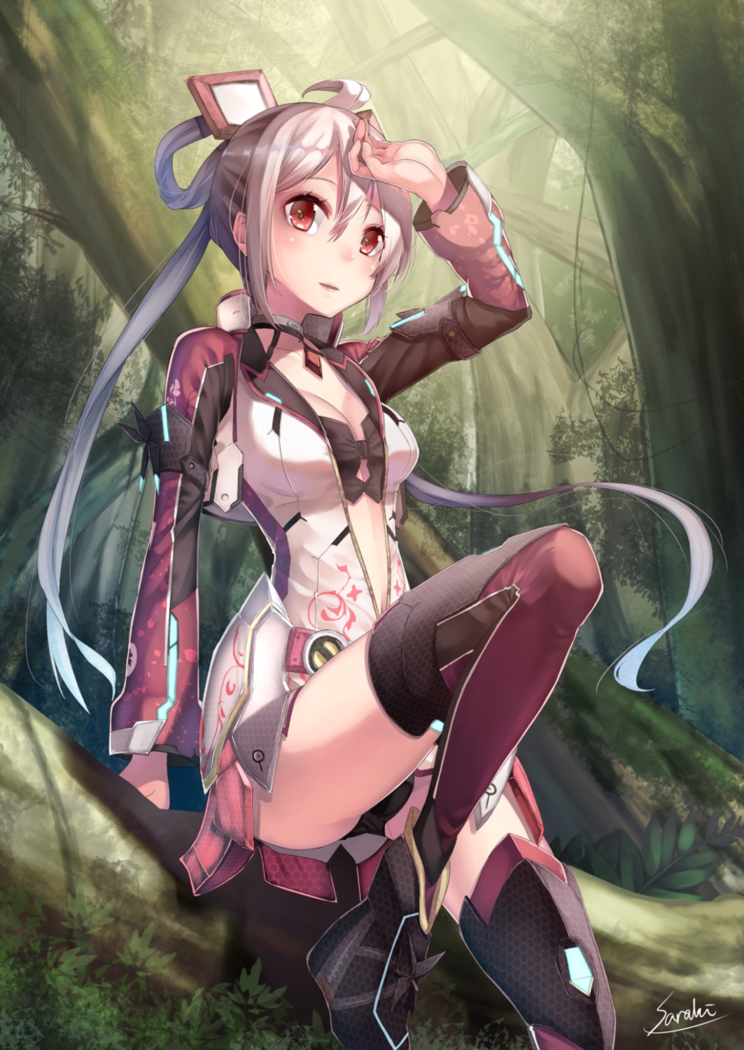 bra, cleavage, matoi_(pso2), open_shirt, pantsu, phantasy_star_online, phantasy_star_online_2, saraki, thighhighs