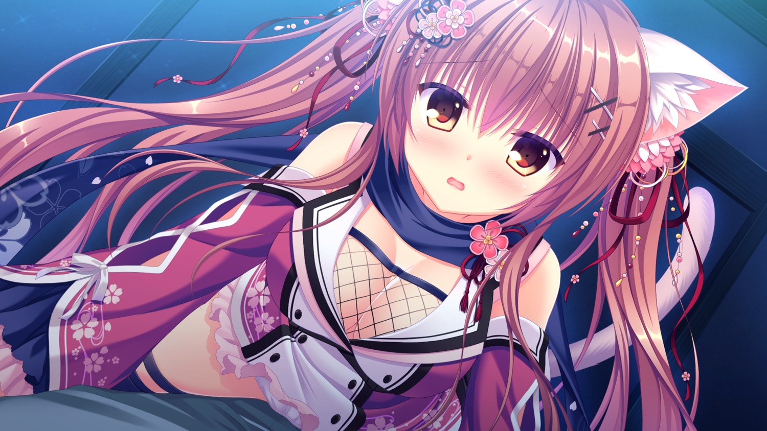 animal_ears, cleavage, fishnets, fuuma_yura, game_cg, neko-nin_exheart, nekomimi, pantsu, tail, takano_yuki, thighhighs, whirlpool