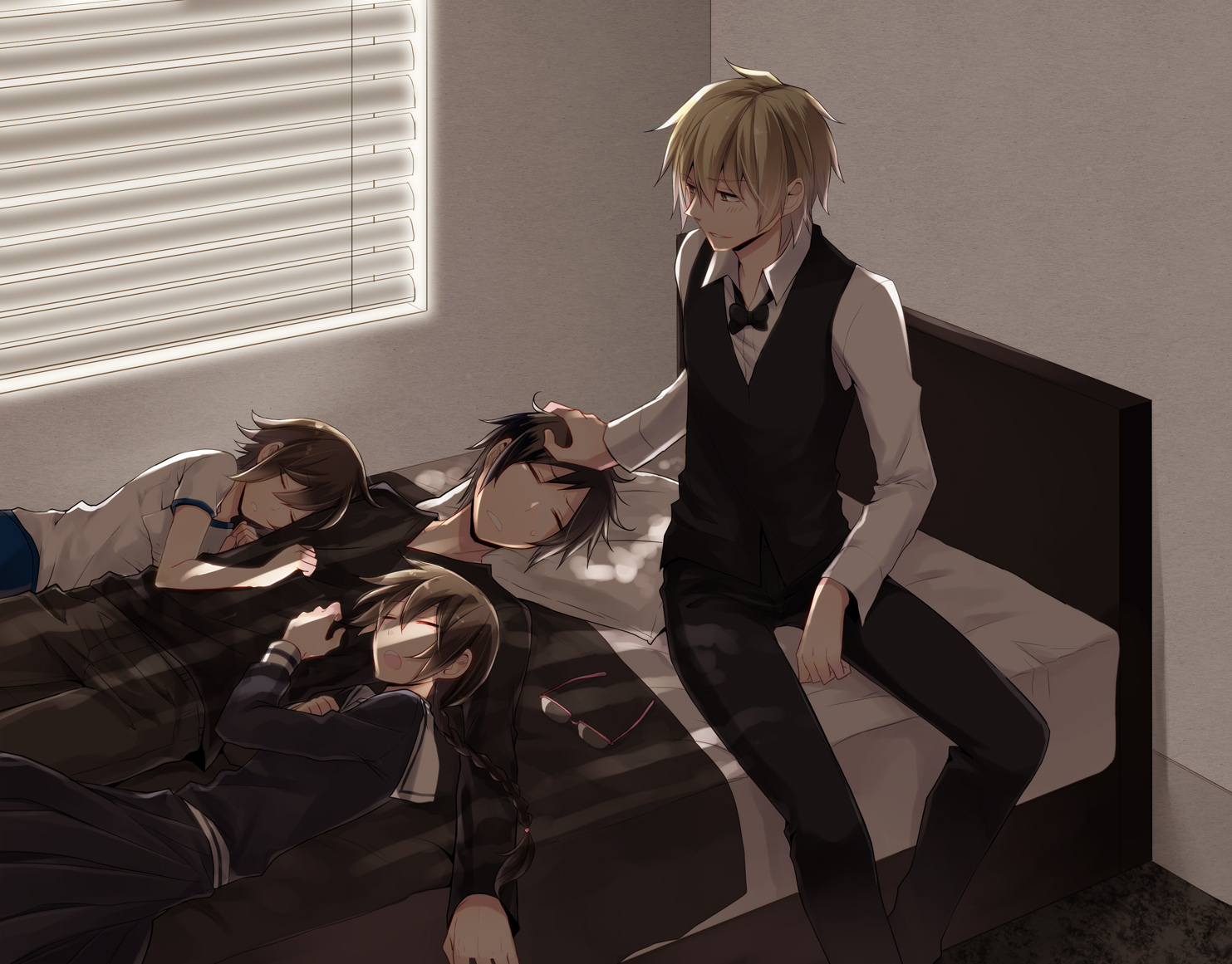 durarara!!, heiwajima_shizuo, megane, orihara_izaya, orihara_kururi, orihara_mairu, seifuku