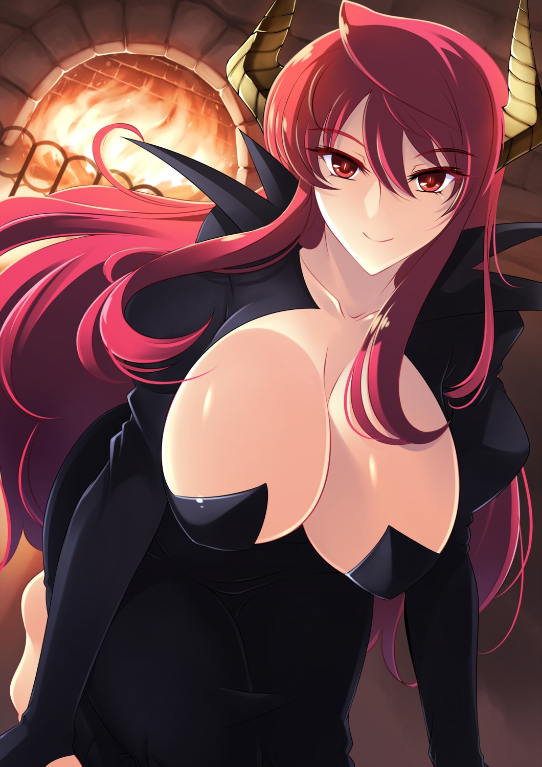 cleavage, dress, haganef, horns, maou_(maoyuu_maou_yuusha), maoyuu_maou_yuusha, no_bra