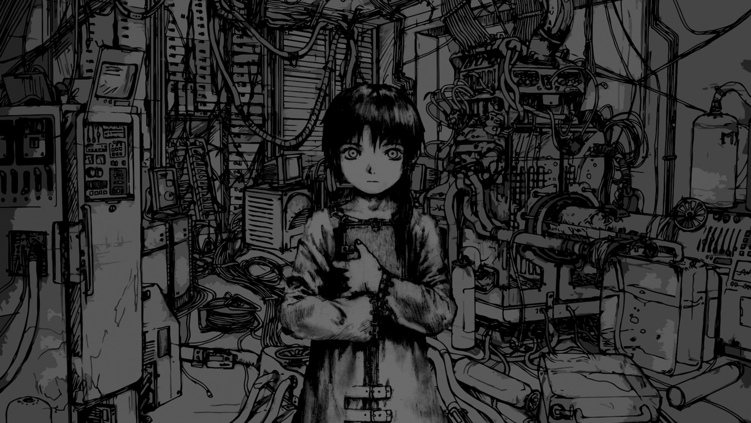 abe_yoshitoshi, iwakura_lain, monochrome, serial_experiments_lain, wallpaper