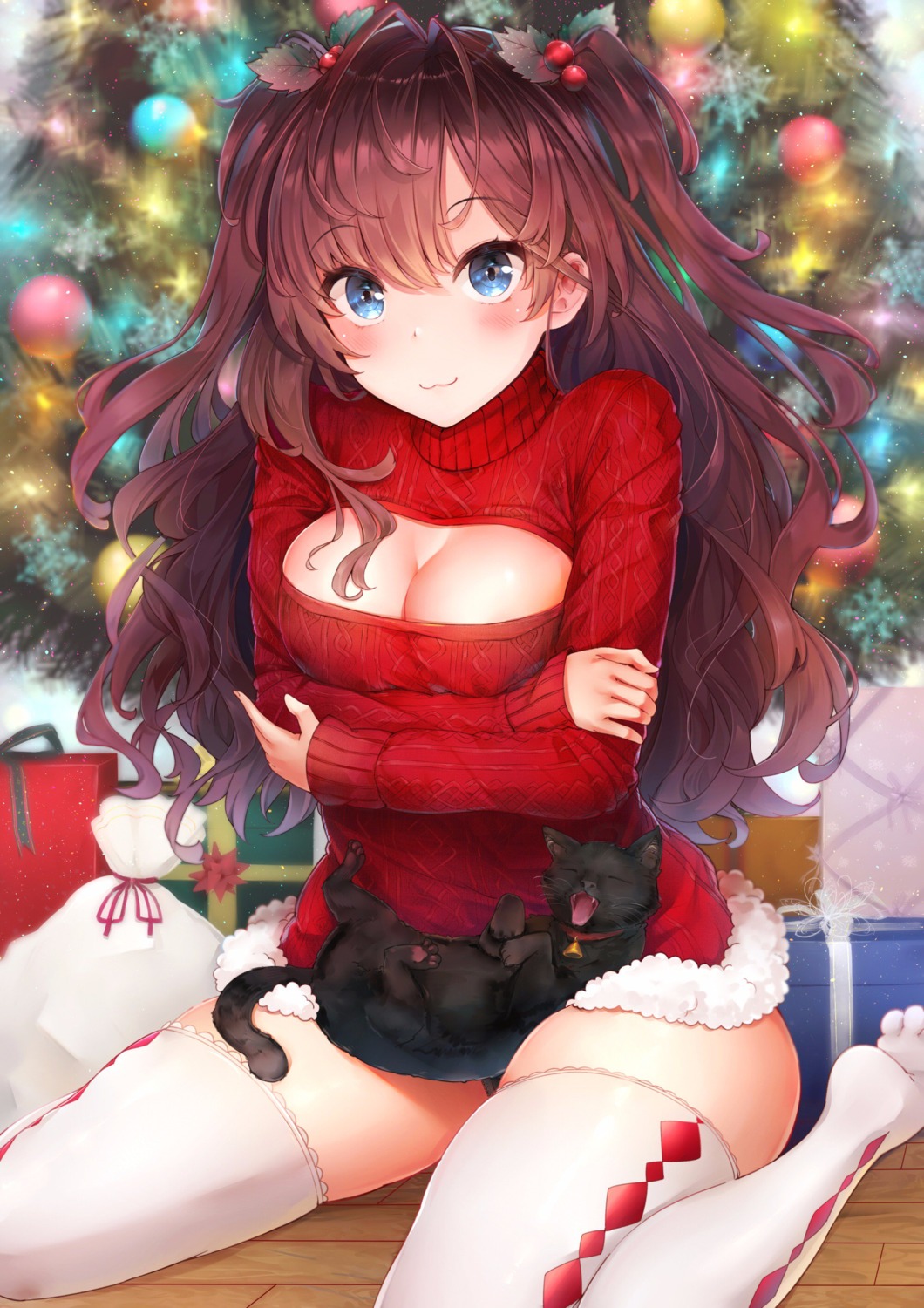 breast_hold, christmas, cleavage, ichinose_shiki, neko, pantsu, somalisu39, sweater, the_idolm@ster, the_idolm@ster_cinderella_girls, thighhighs
