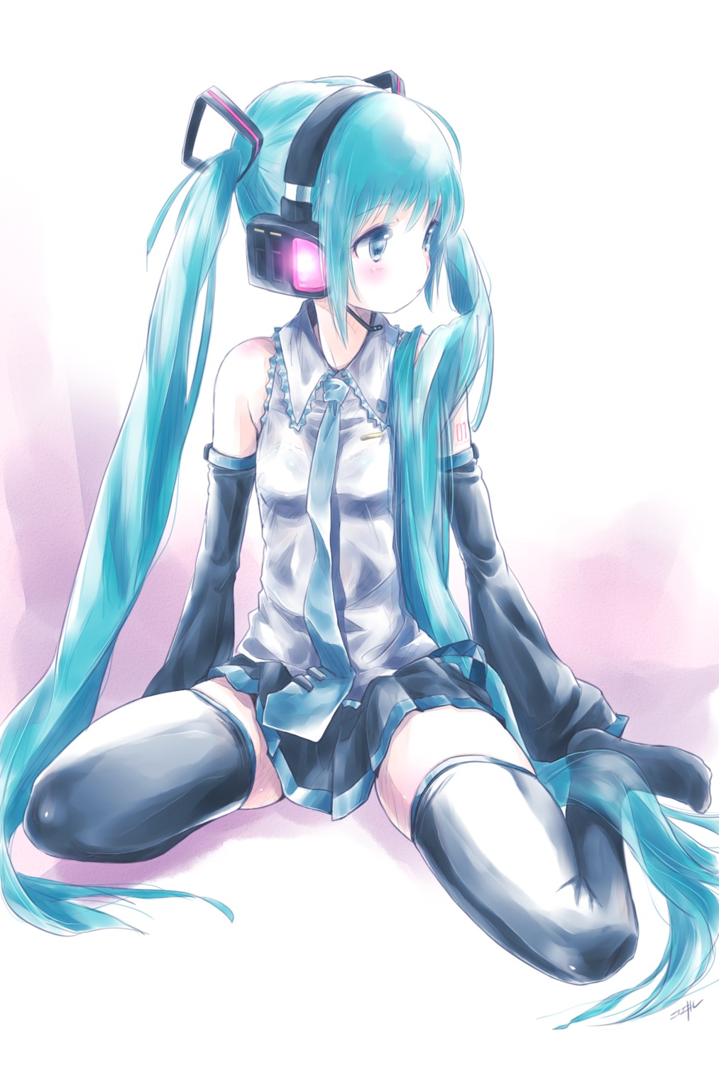hatsune_miku, headphones, kowiru, tattoo, thighhighs, vocaloid