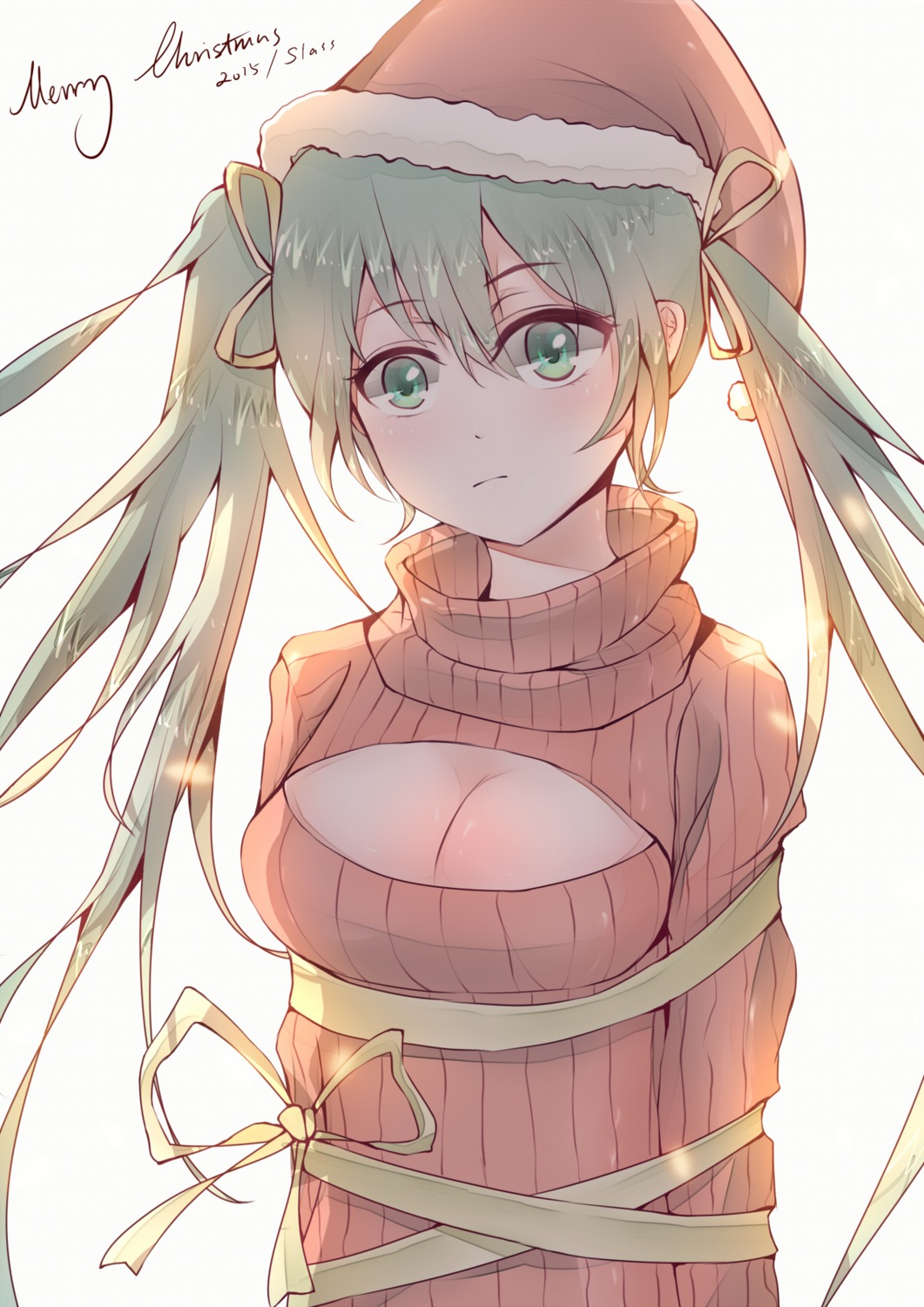 bondage, christmas, cleavage, hatsune_miku, milktower, sweater, vocaloid