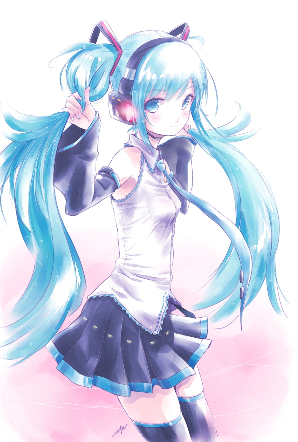 hatsune_miku, headphones, kowiru, thighhighs, vocaloid