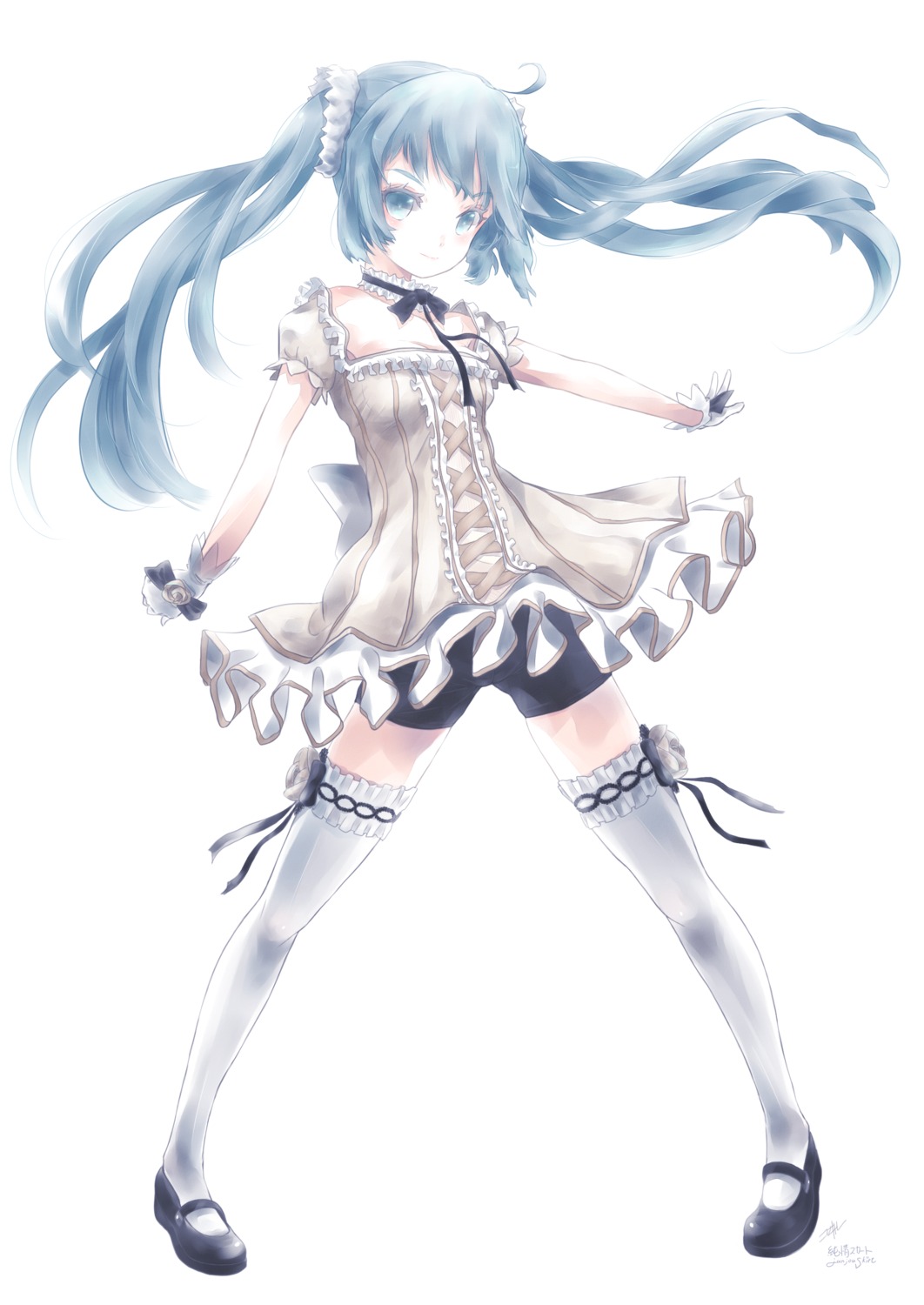 bike_shorts, cleavage, dress, hatsune_miku, headphones, kowiru, lolita_fashion, tattoo, thighhighs, vocaloid