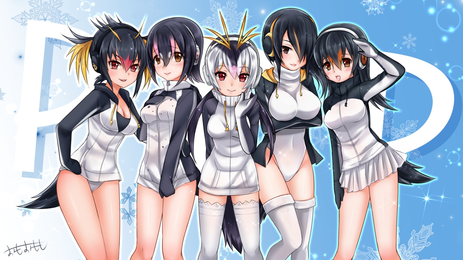 cleavage, emperor_penguin, gentoo_penguin, headphones, humboldt_penguin, kemono_friends, leotard, omoomomo, rockhopper_penguin, royal_penguin, thighhighs