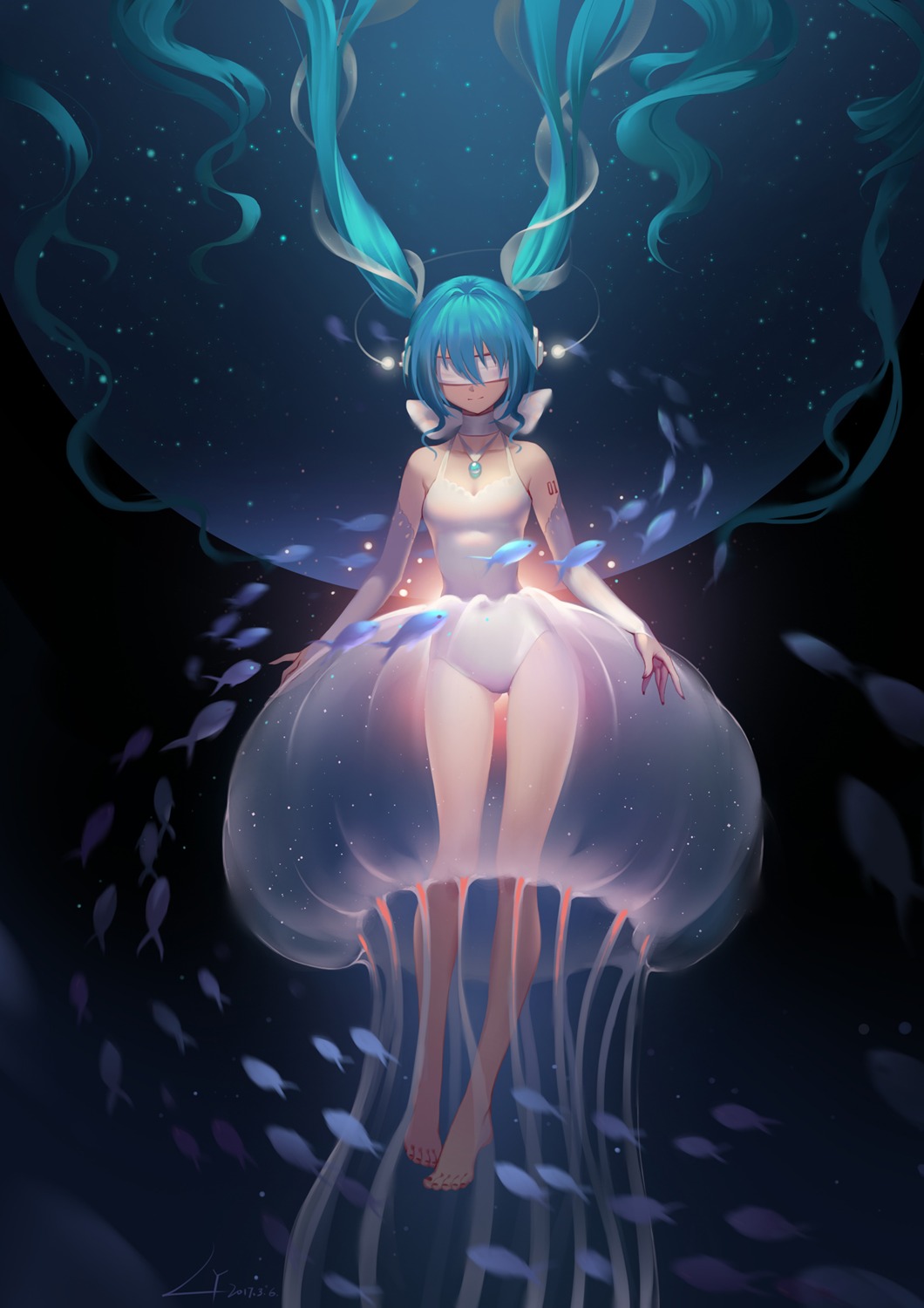 cleavage, dress, hatsune_miku, headphones, lian_yao, see_through, swimsuits, tattoo, vocaloid, wet