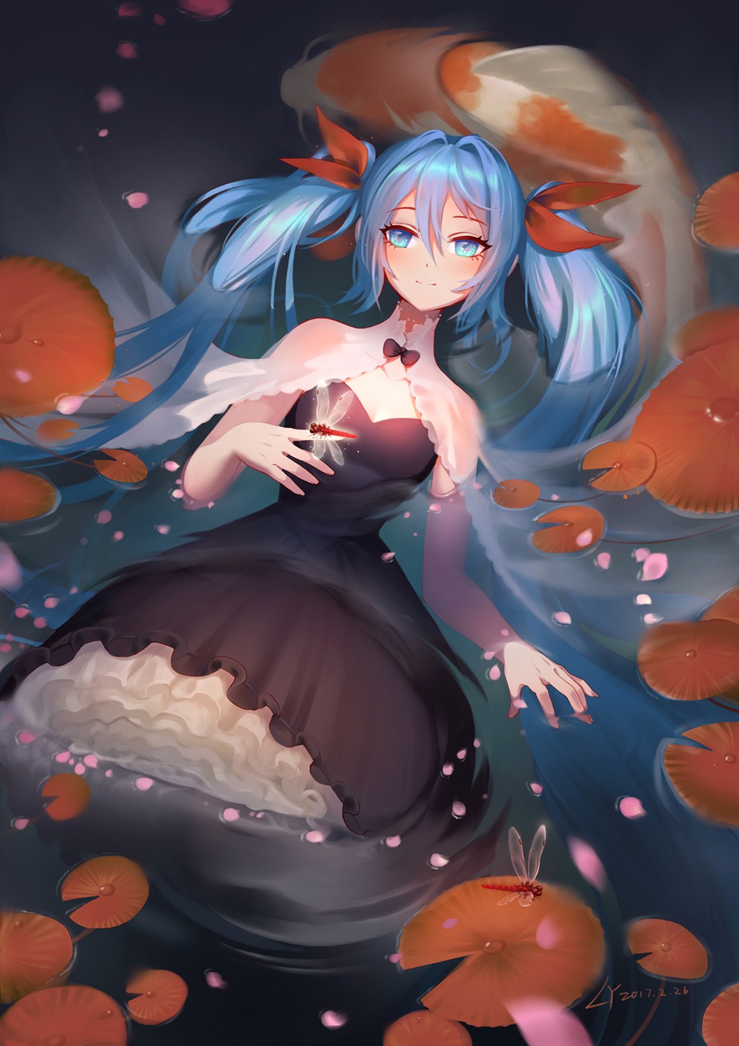cleavage, dress, hatsune_miku, lian_yao, see_through, vocaloid, wet