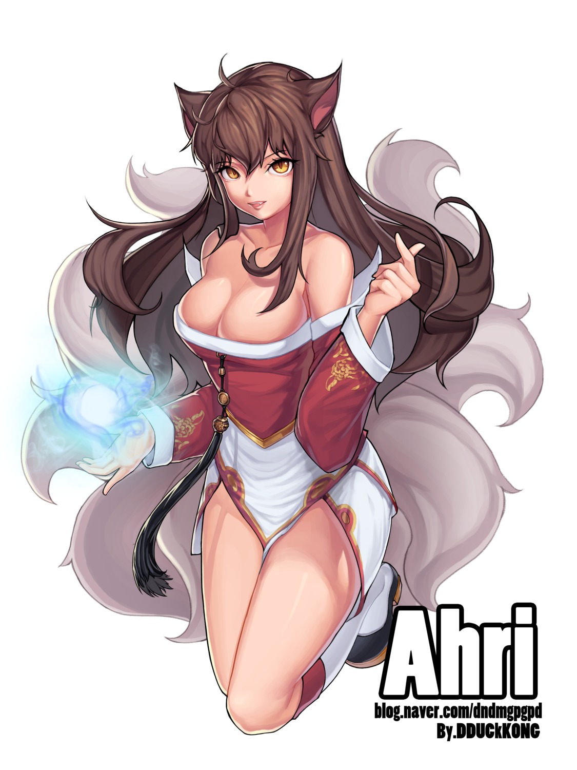 ahri, animal_ears, cleavage, dk2, dress, league_of_legends, tail