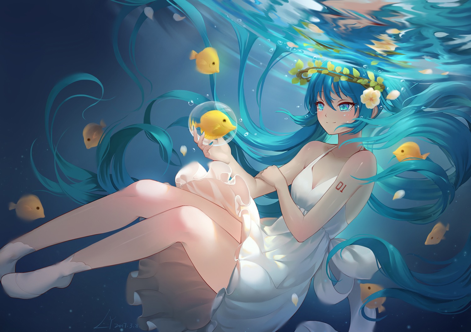 cleavage, dress, hatsune_miku, lian_yao, tattoo, vocaloid