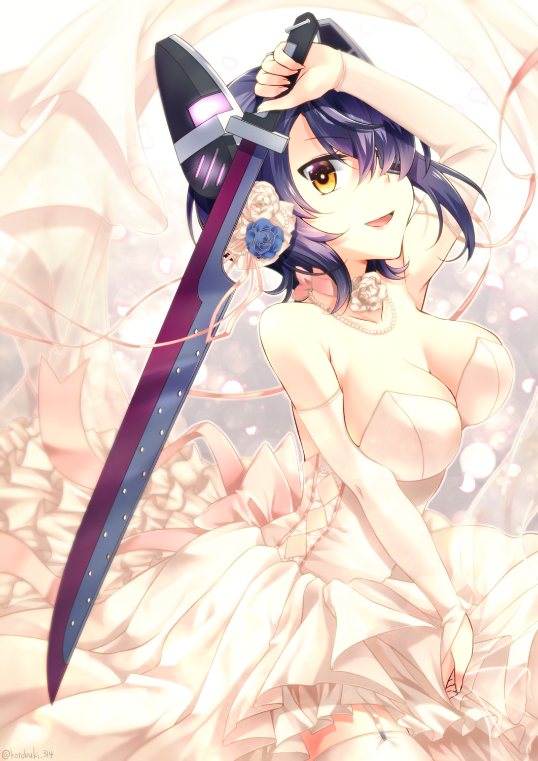 cleavage, dress, eyepatch, kantai_collection, kotobuki_(momoko_factory), stockings, sword, tenryuu_(kancolle), thighhighs, wedding_dress