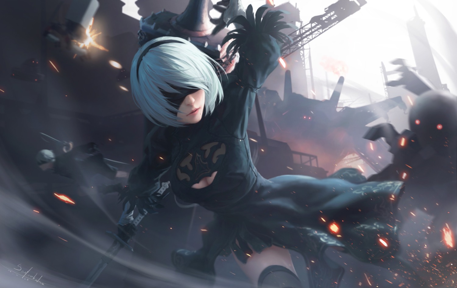 cleavage, dress, nier, nier_automata, sai_foubalana, sword, thighhighs, yorha_no.2_type_b