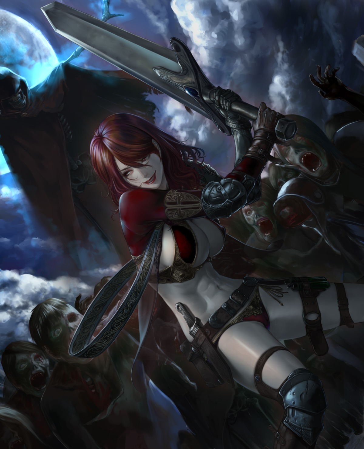 armor, bikini_armor, cleavage, monster, shisshou_senkoku, sword, weapon