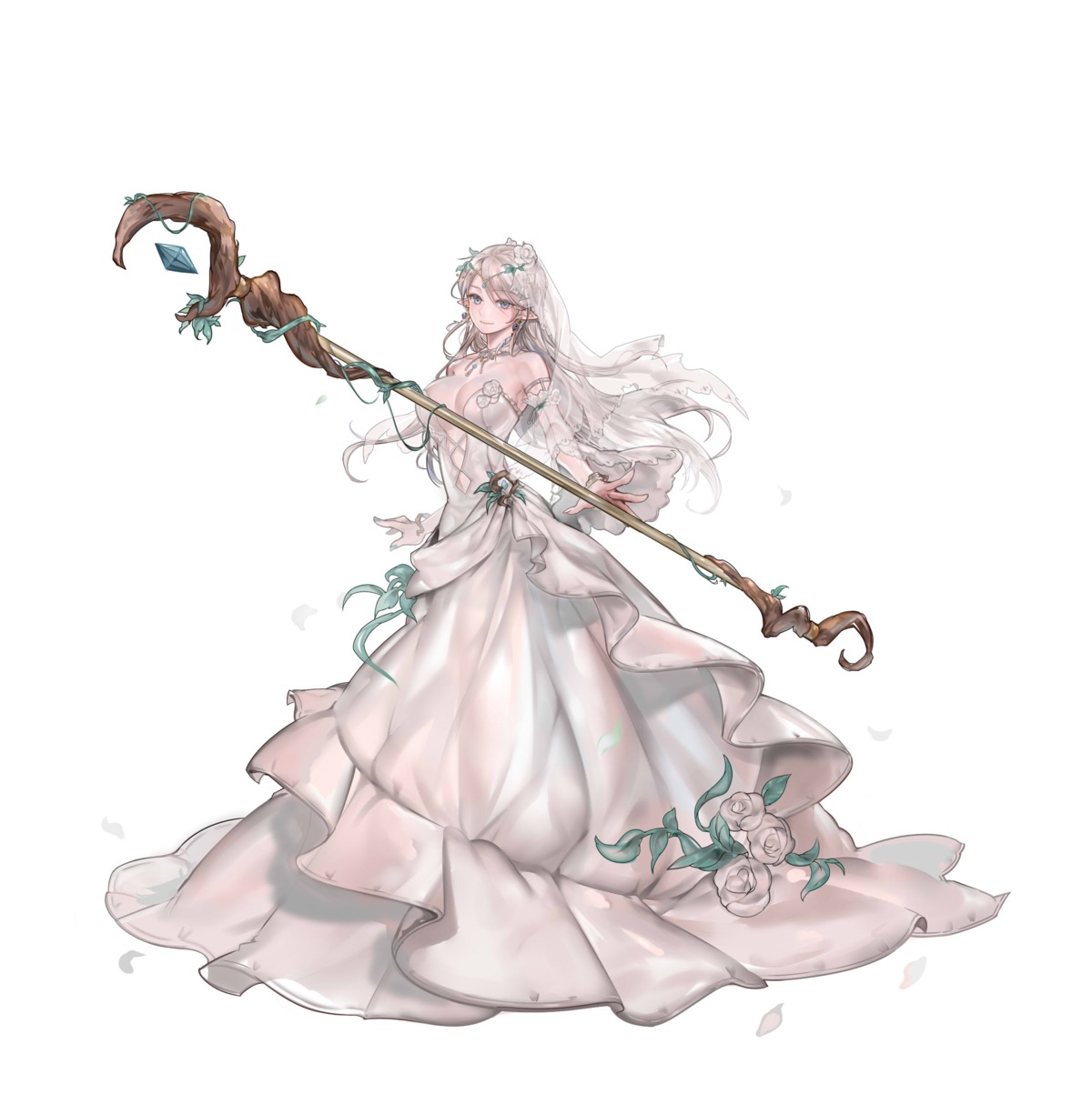96dgd, cleavage, dress, elf, no_bra, pointy_ears, weapon, witch