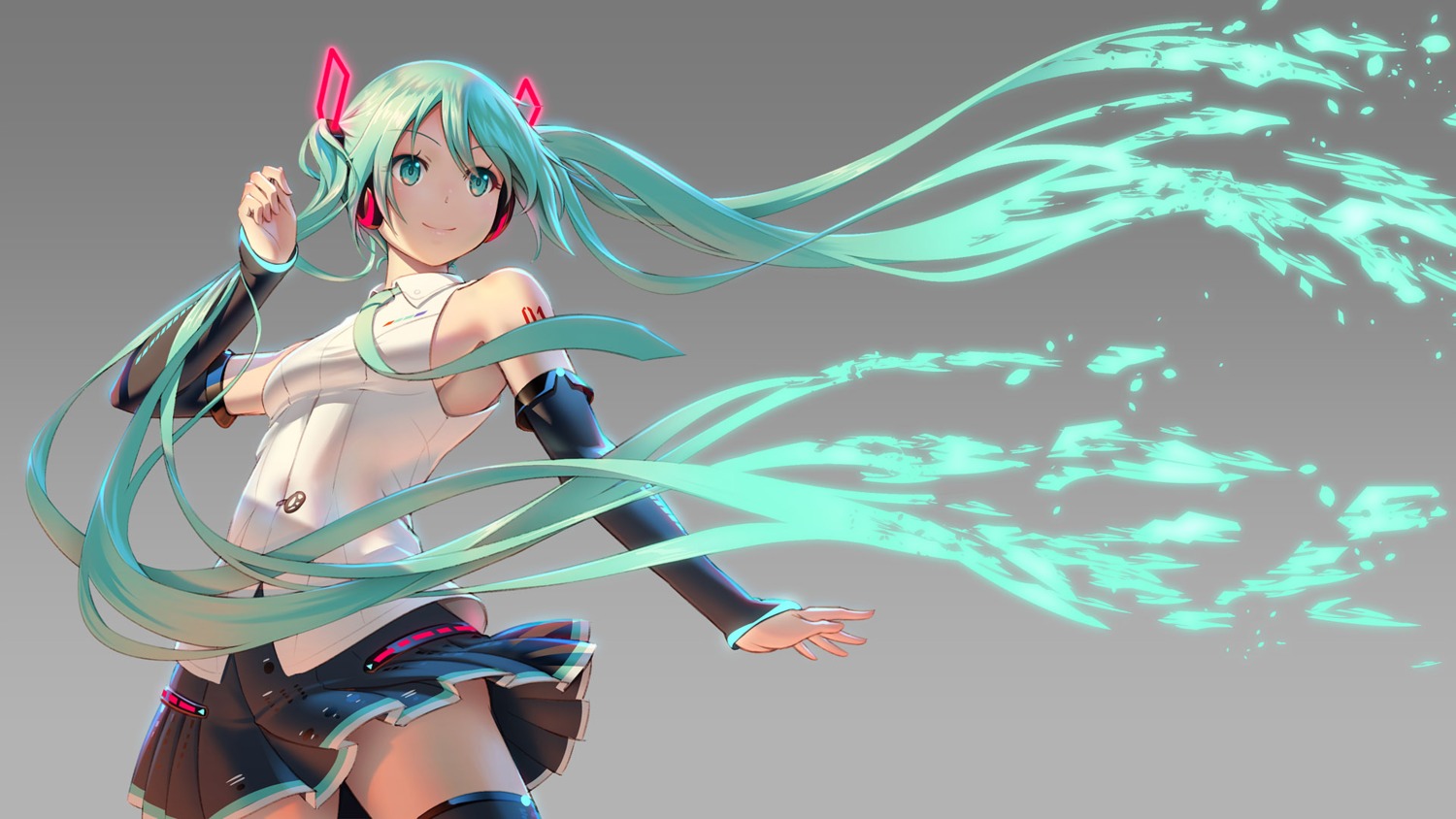 hatsune_miku, headphones, pinakes, pinax, tattoo, thighhighs, vocaloid, wallpaper