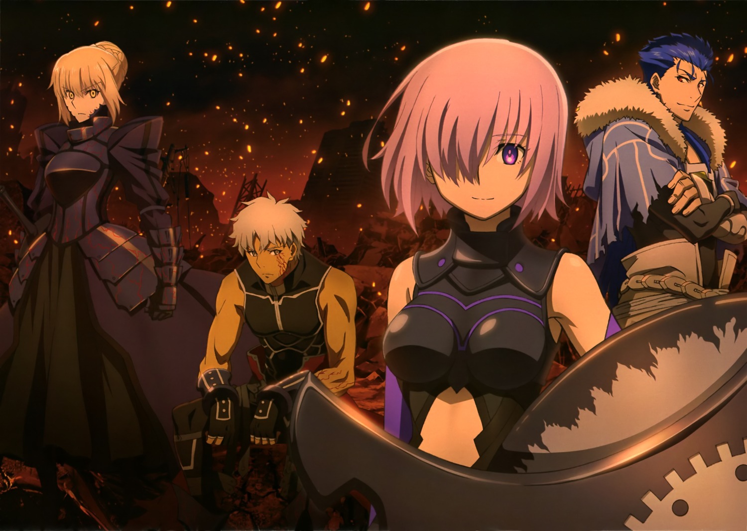 archer, armor, artoria_pendragon_(fate), artoria_pendragon_alter_(fate), cu_chulainn_(fate), dress, fate/grand_order, fate/grand_order_first_order, fate/stay_night, mash_kyrielight, nagai_tatsurou, sword, torn_clothes