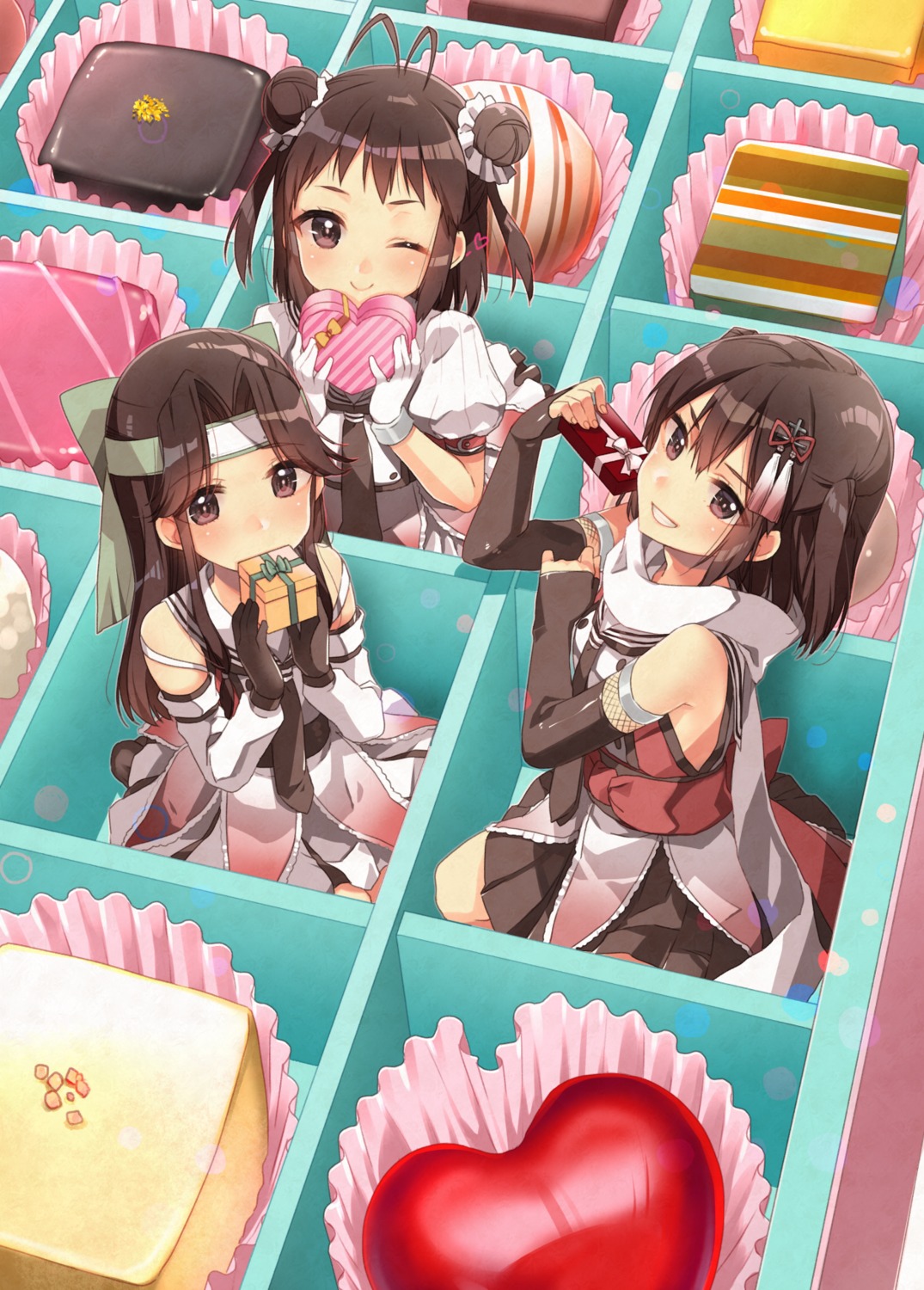 jintsuu_(kancolle), kantai_collection, koruri, naka_(kancolle), seifuku, sendai_(kancolle), valentine