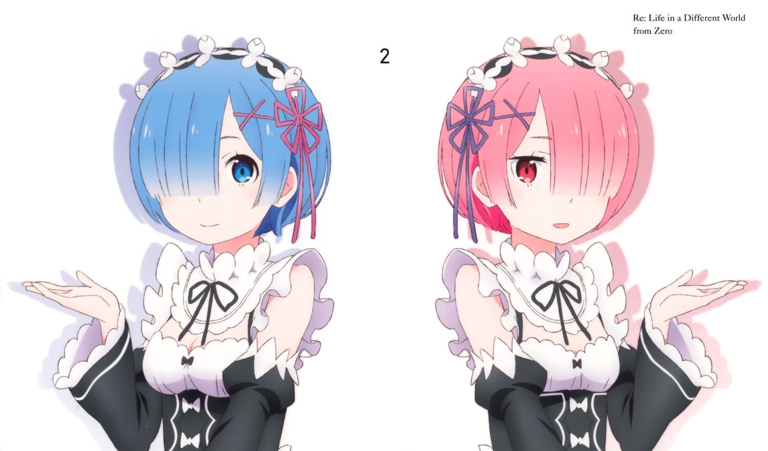 cleavage, maid, ram_(re_zero), re:zero_kara_hajimeru_isekai_seikatsu, rem_(re_zero), sakai_kyuuta