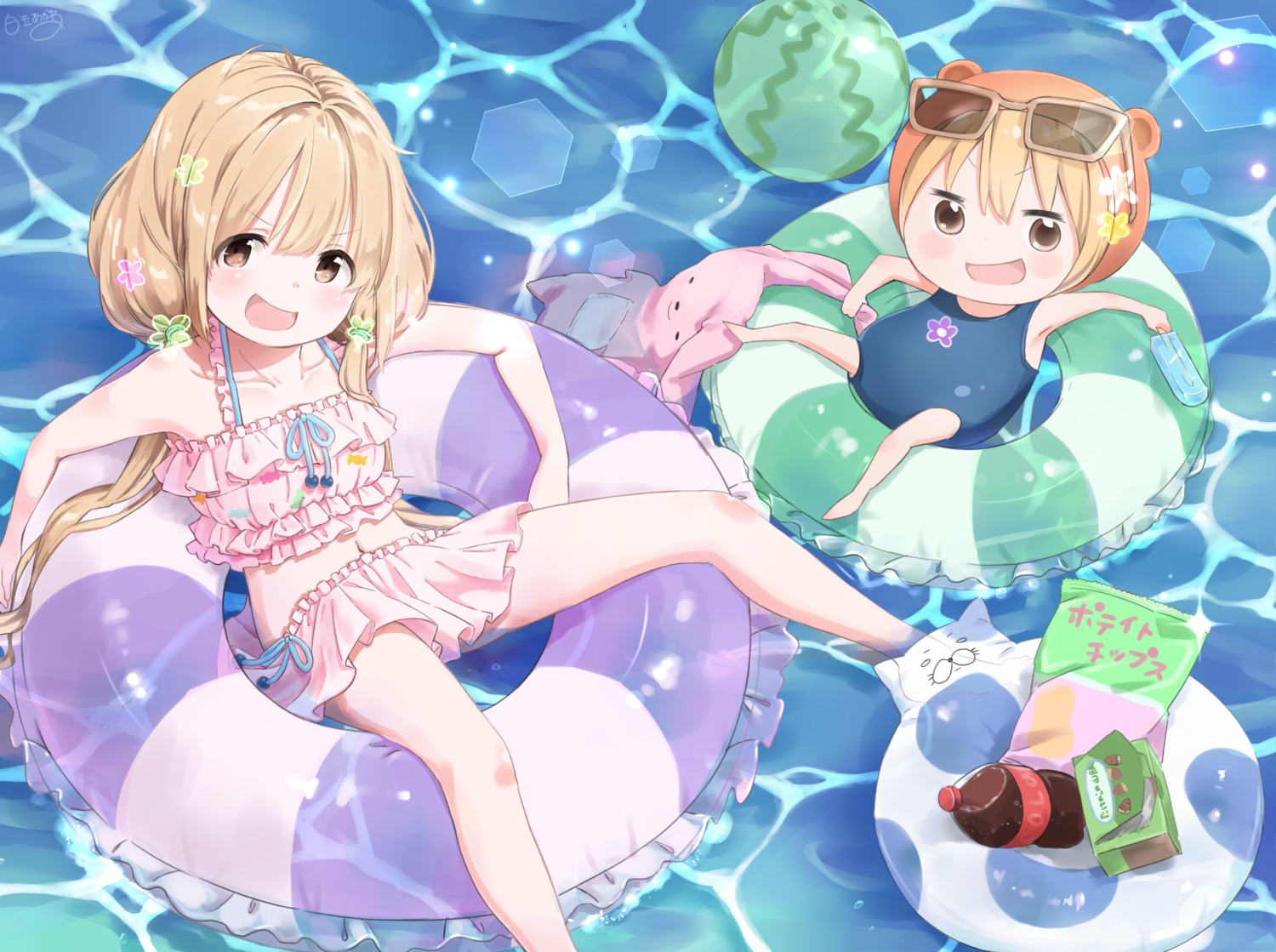 crossover, doma_umaru, futaba_anzu, himouto!_umaru-chan, kinako_(shiratama_mochi), megane, swimsuits, the_idolm@ster, the_idolm@ster_cinderella_girls, wet