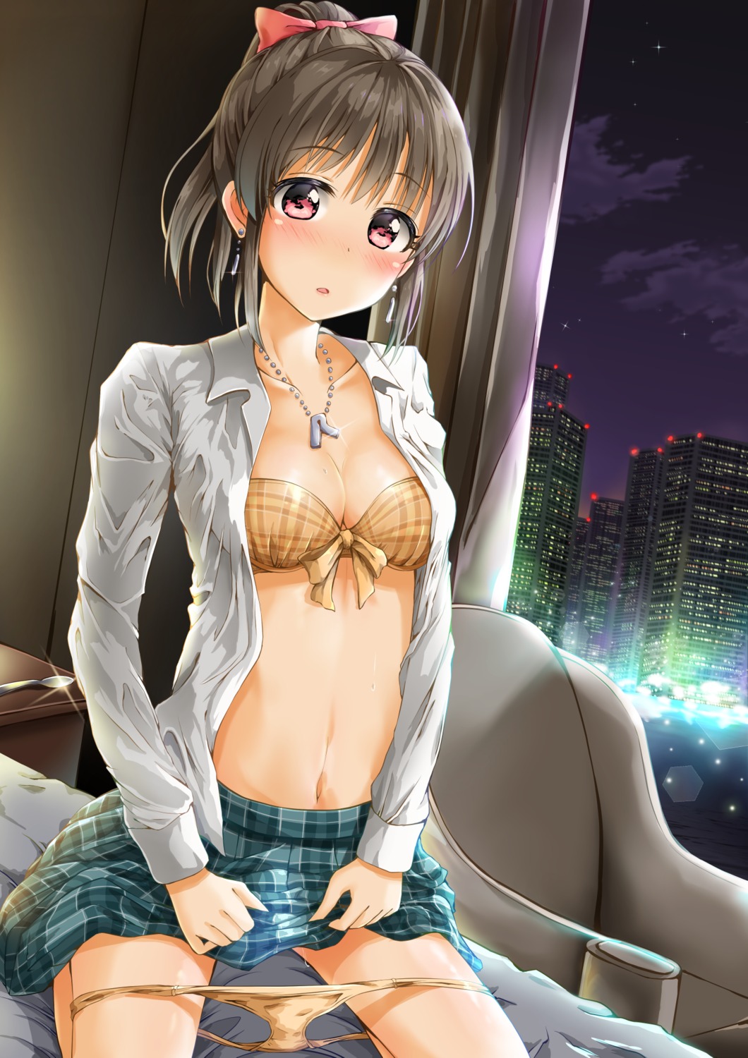 bra, cleavage, hori_yuuko, kuria_(clear_trip_second), open_shirt, pantsu, panty_pull, seifuku, the_idolm@ster, the_idolm@ster_cinderella_girls