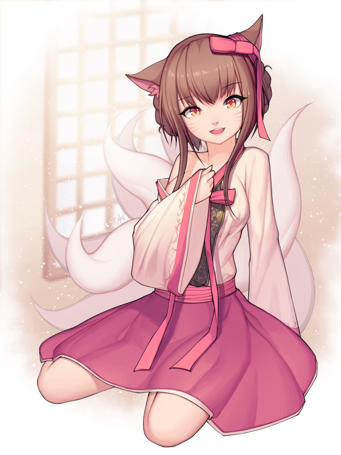 ahri, animal_ears, asian_clothes, breast_hold, dk2, league_of_legends, open_shirt, tail