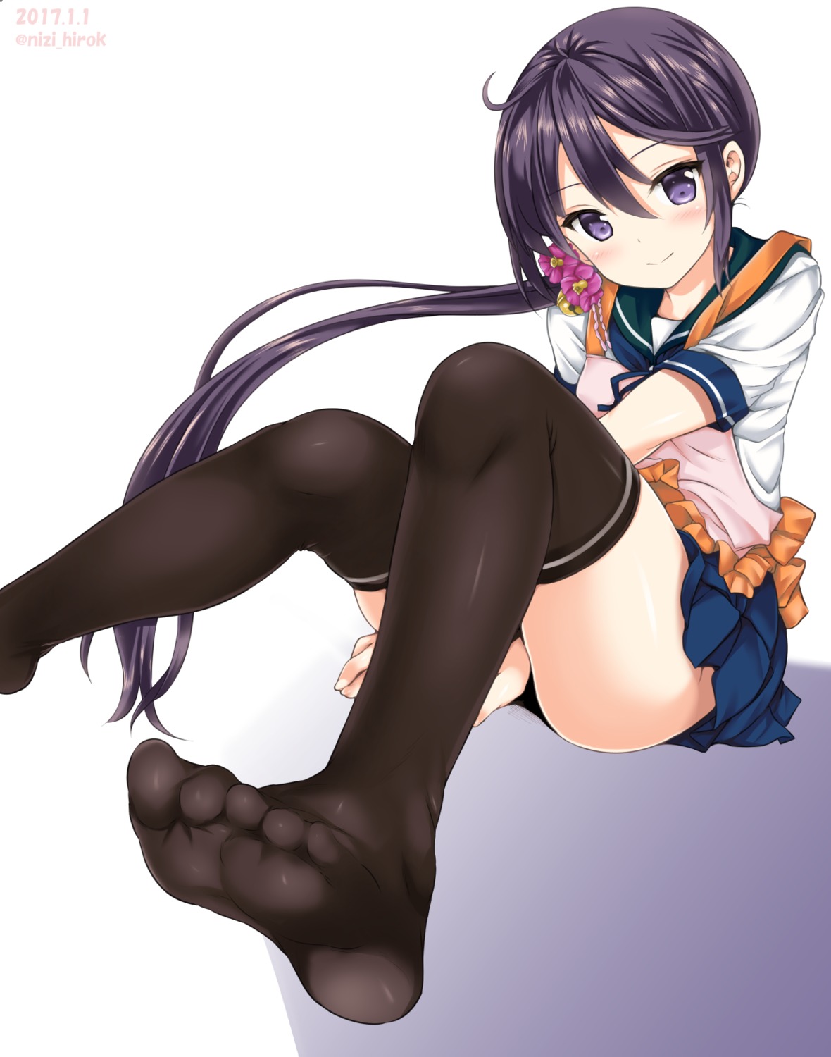akebono_(kancolle), feet, kantai_collection, nijimotohiro_k, seifuku, thighhighs