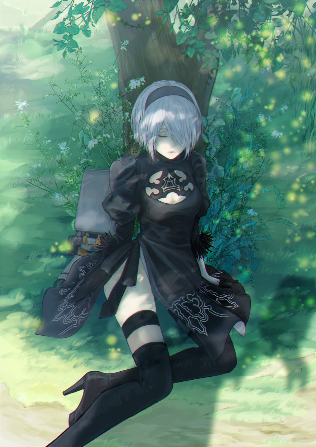 cleavage, dress, heels, leotard, nier, nier_automata, seki_mitsu, thighhighs, yorha_no.2_type_b