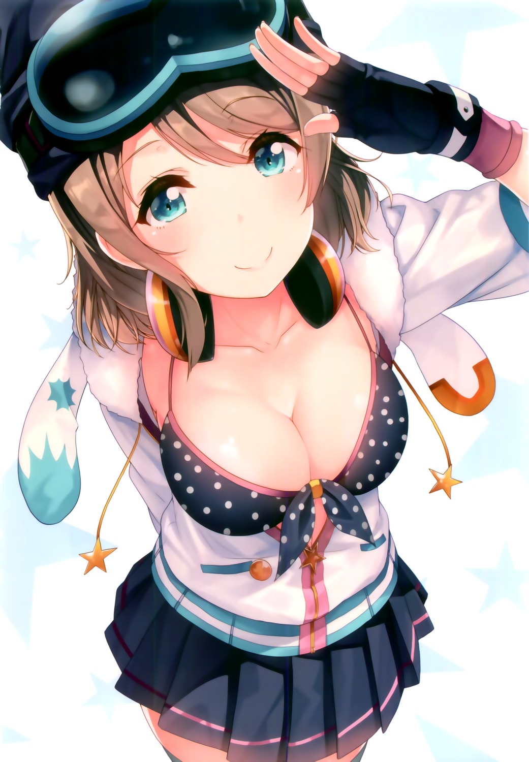 bikini_top, cleavage, executor, headphones, love_live!_(series), love_live!_sunshine!!, open_shirt, siva., swimsuits, watanabe_you